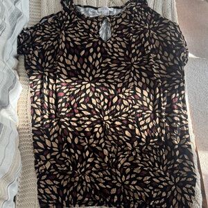 Venus Women’s XL Black, Brown and Gold Leaf Pattern Cold Shoulder Top